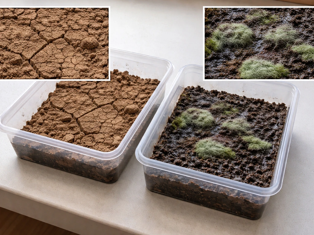Side-by-side dry cracked substrate vs overly wet substrate with green/black mold patches.
