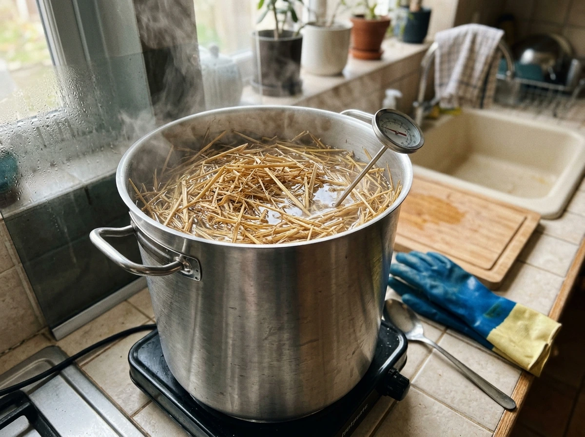 Pasteurization step: steam bath/pot heating for straw substrate