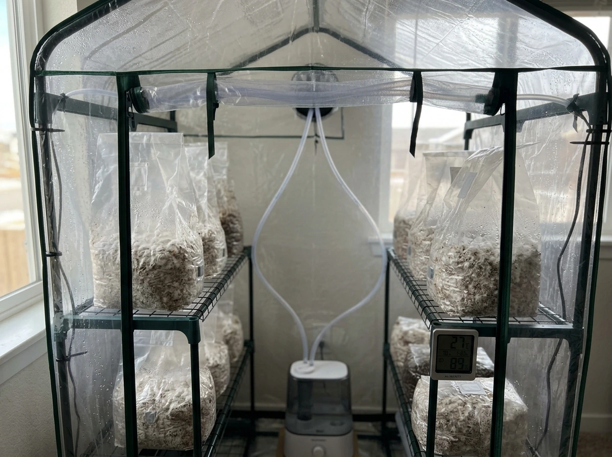 Grow tent with humidifier and fruiting conditions setup