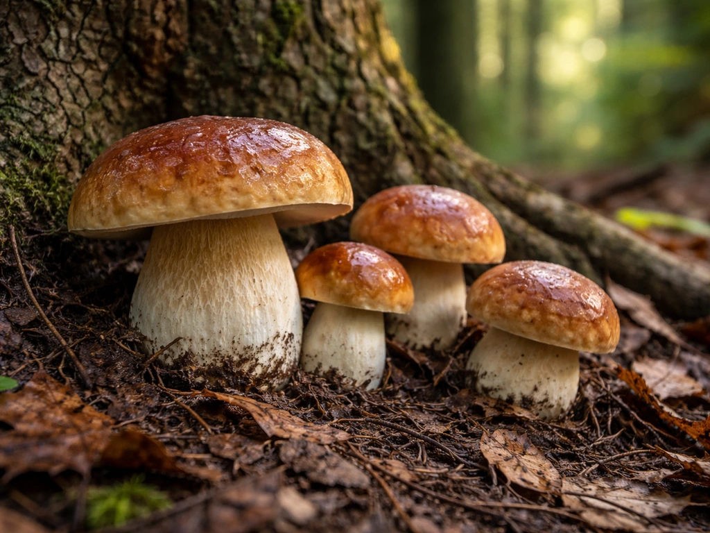 Fresh king bolete mushrooms emerging from moist leaf litter near a tree root in a forest.