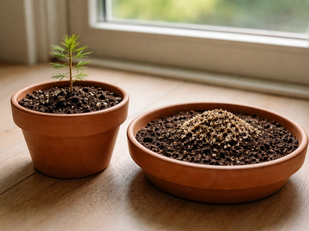 Young seedling in a pot with a nearby container of moist inoculated soil indoors by a window.