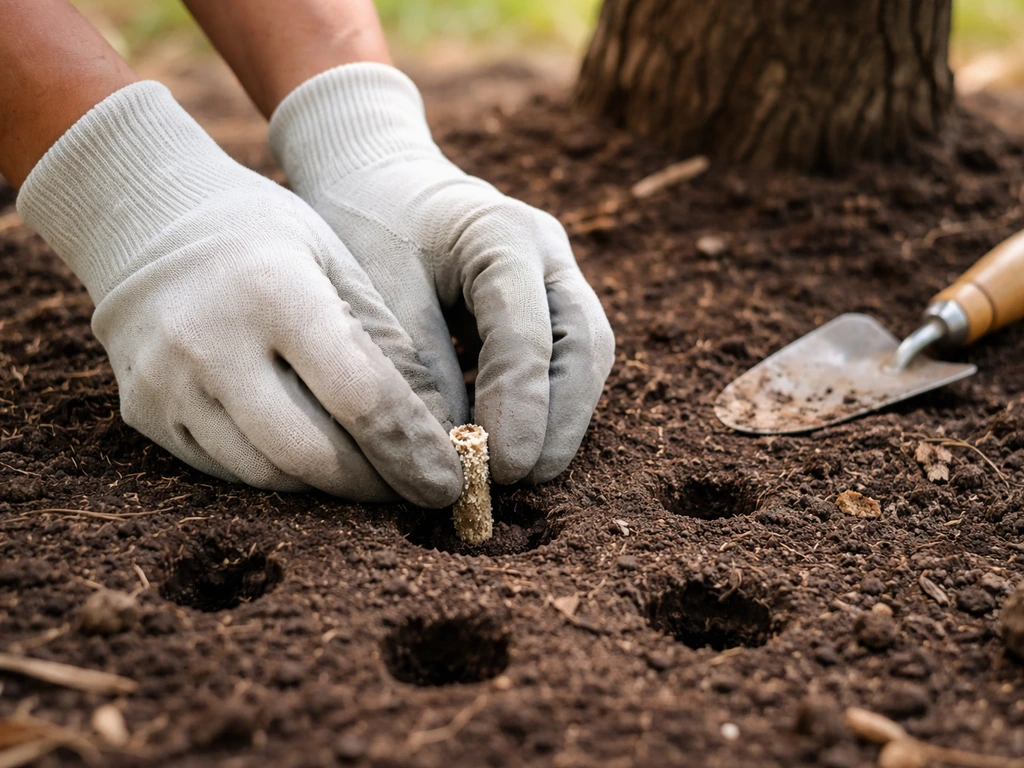 Hands placing a small inoculated plug into a prepared hole on a soil-covered planting bed near a tree