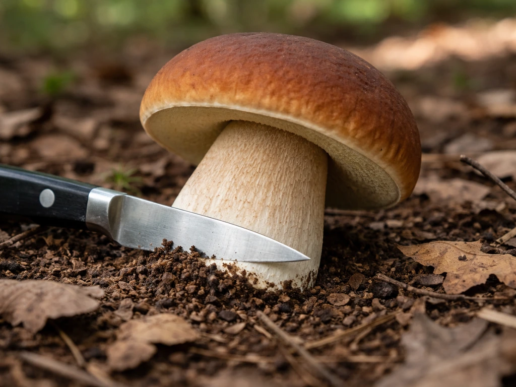 Knife cutting a king bolete mushroom on the forest floor, showing firm cap and pale pore surface.