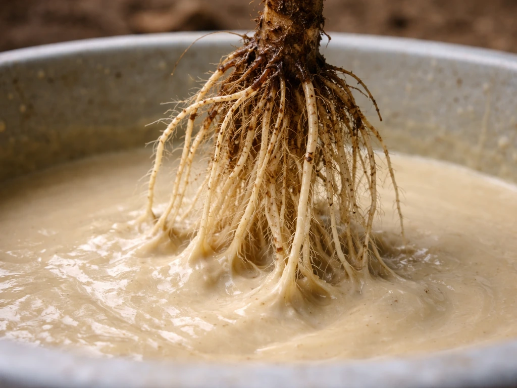 Bare-root seedling roots being dipped into a mycorrhizal slurry in a simple container.