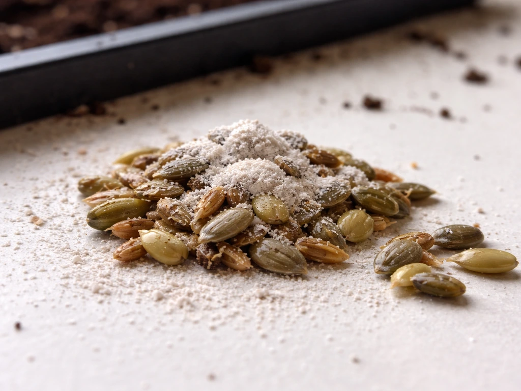 Close-up of moistened seeds dusted with powdered fungal inoculant, ready to be sown.