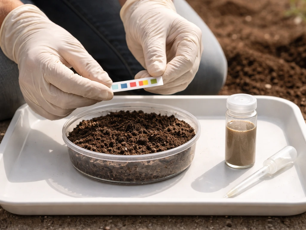 Minimal soil-testing setup with a soil test strip and vials on a tray, implying pH and phosphorus checks.