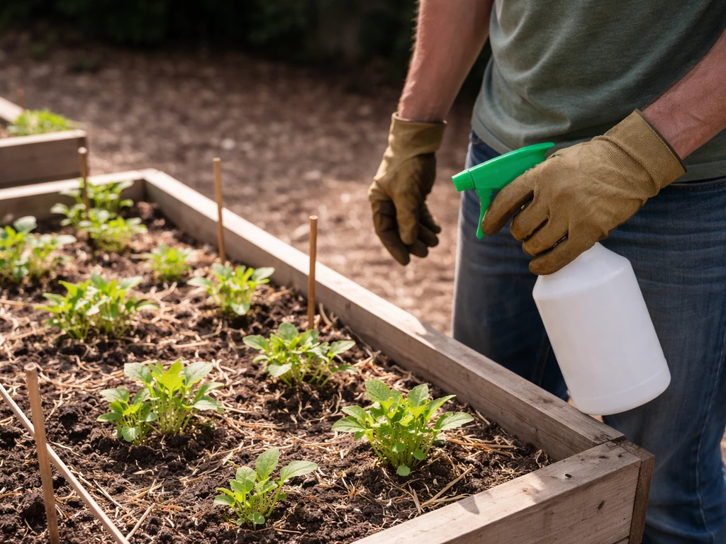 Gardener holding a spray bottle back from an inoculated plant bed, choosing to avoid fungicide nearby.