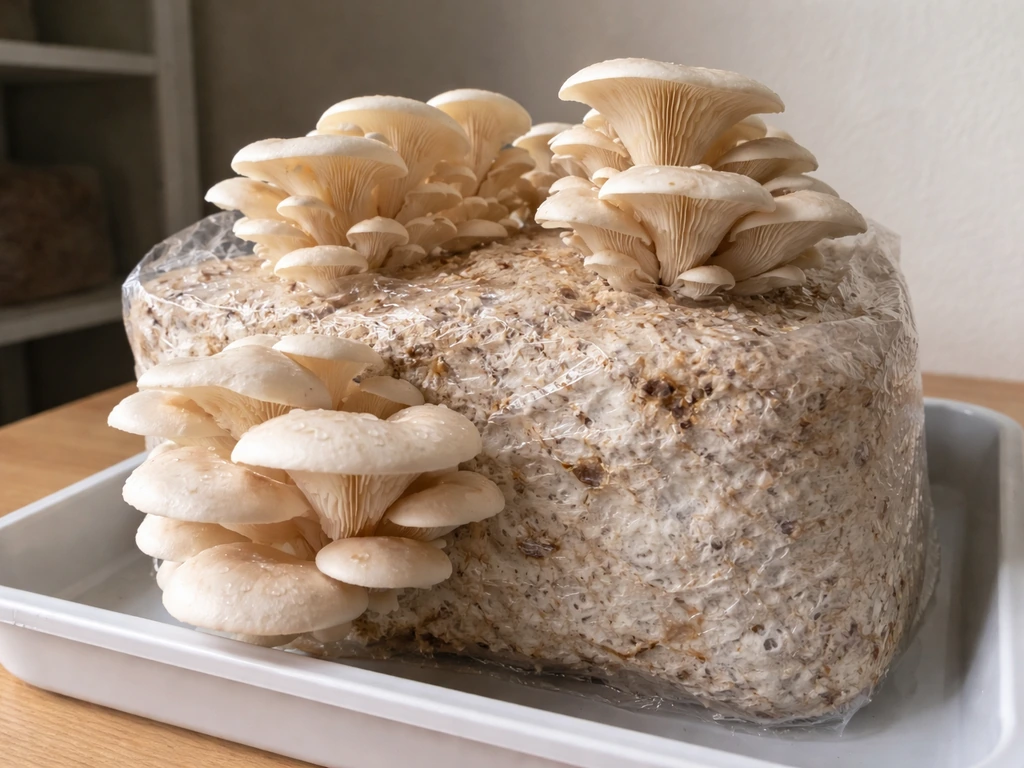Oyster mushrooms fruiting from a prepared grow bag/block in a small indoor home setting.