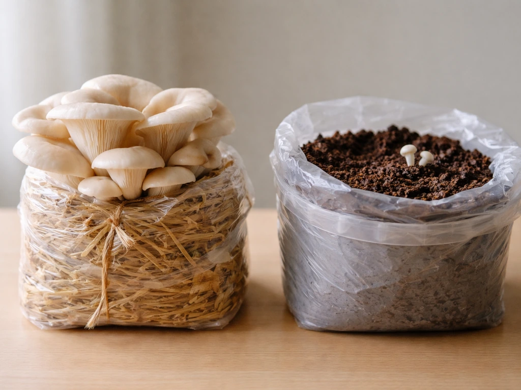 Side-by-side oyster mushroom grows on straw and coffee grounds with an indoor bag/bucket-style setup.