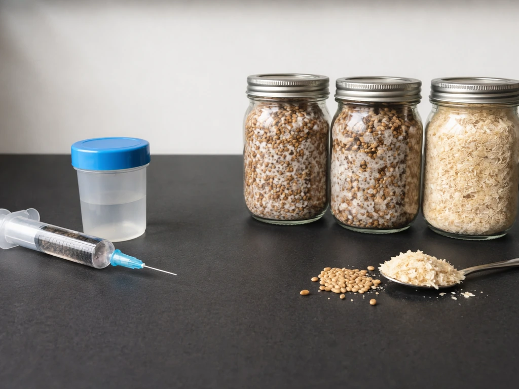 Side-by-side spores syringe and clear jars of grain and sawdust spawn on a dark tabletop.