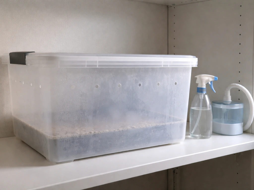 Clear plastic fruiting tote with drilled holes and a simple misting setup inside a small humid grow area.
