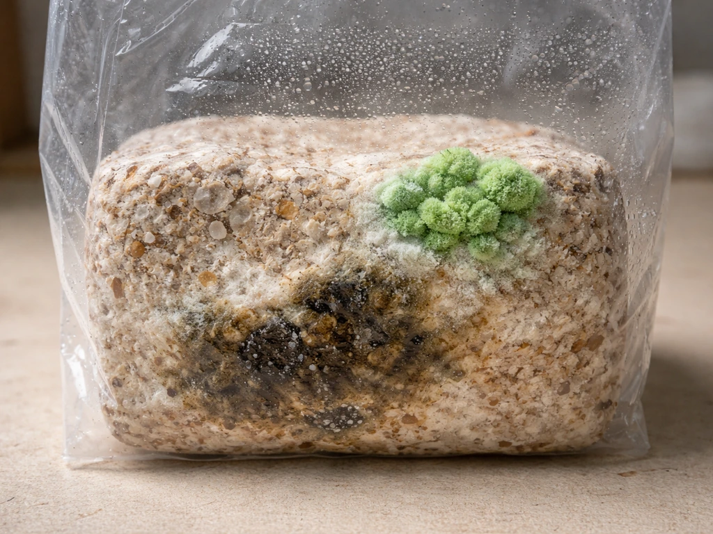 Close-up of a substrate block with vivid green mold and separate dark wet slime contamination patches.