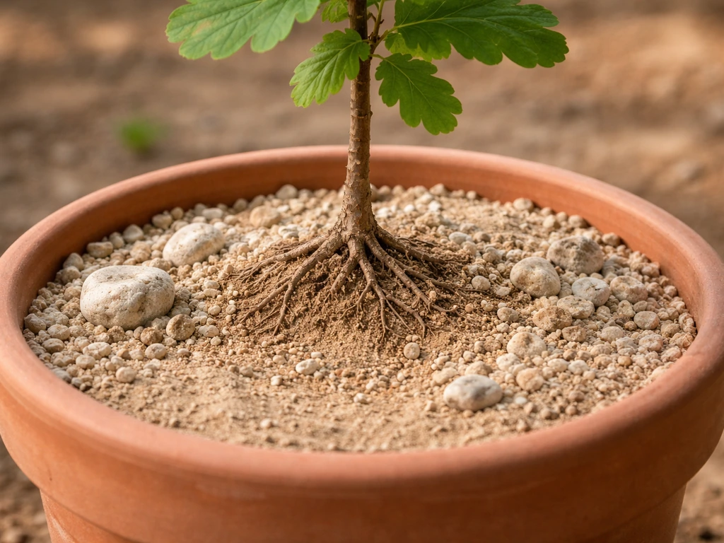 Close-up of a potted root zone with limestone gravel and sand beside a small oak/hazelnut sapling
