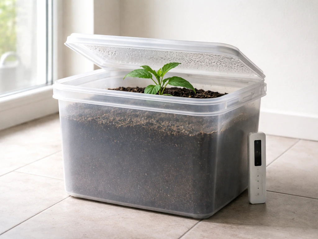 Large lidded grow container with a small inoculated host plant in controlled indoor substrate