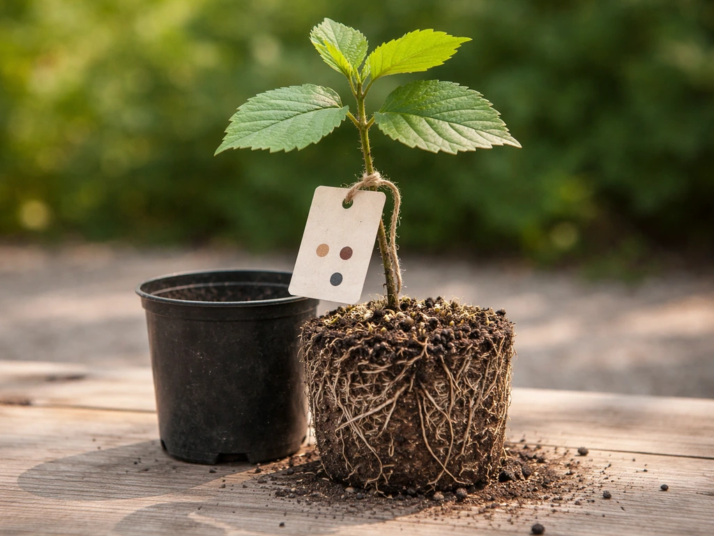 Inoculated hazelnut seedling in a pot with visible root ball and a small pairing tag before planting.