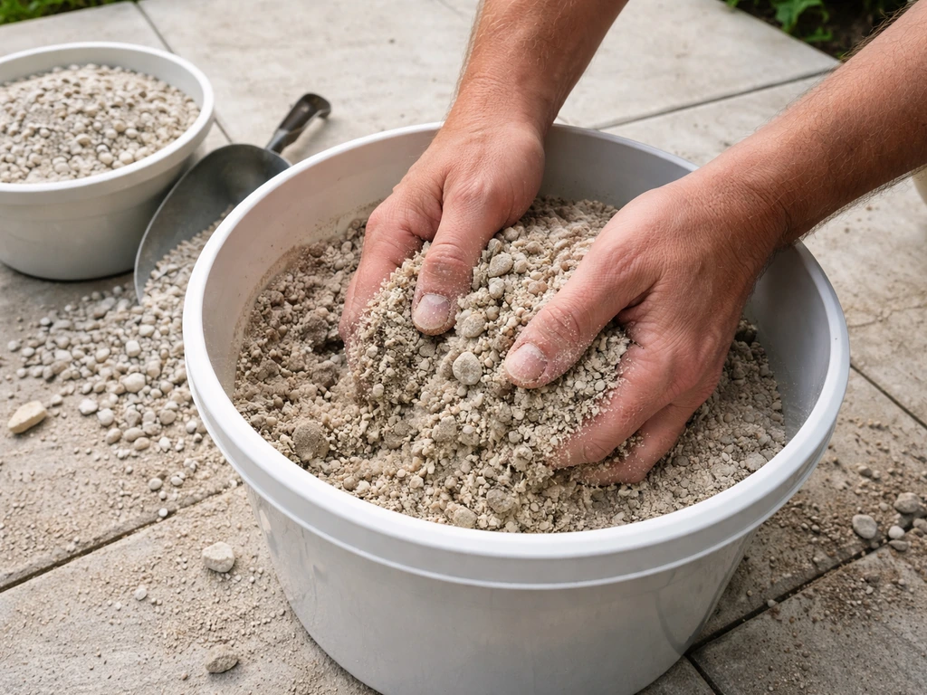 Anonymous hands mixing crushed limestone gravel and coarse sand in a bucket for a container substrate.