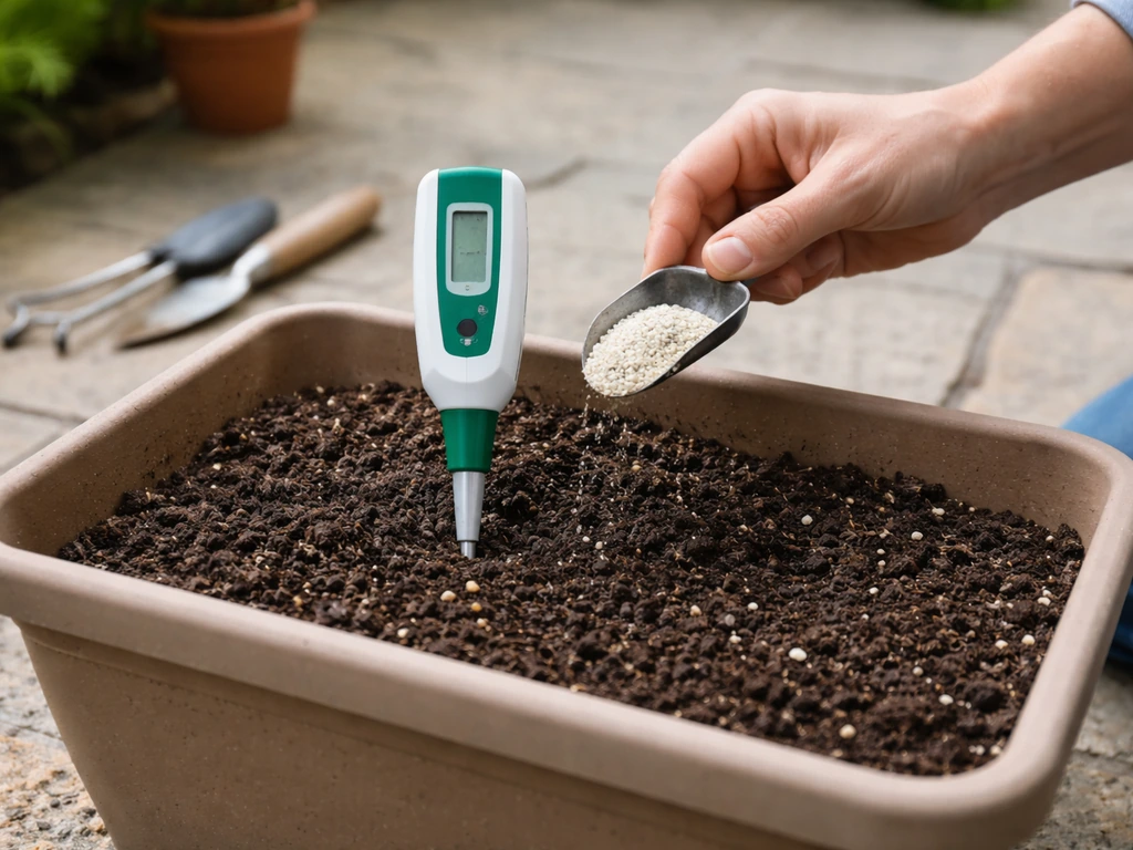 Handheld pH test on container soil with a small scoop of agricultural lime nearby.