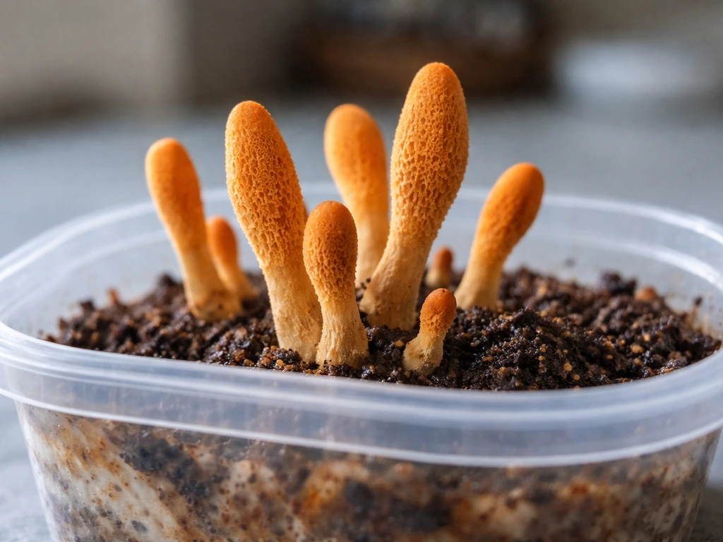 Orange-gold club-shaped cordyceps militaris stroma growing on a small at-home substrate sample
