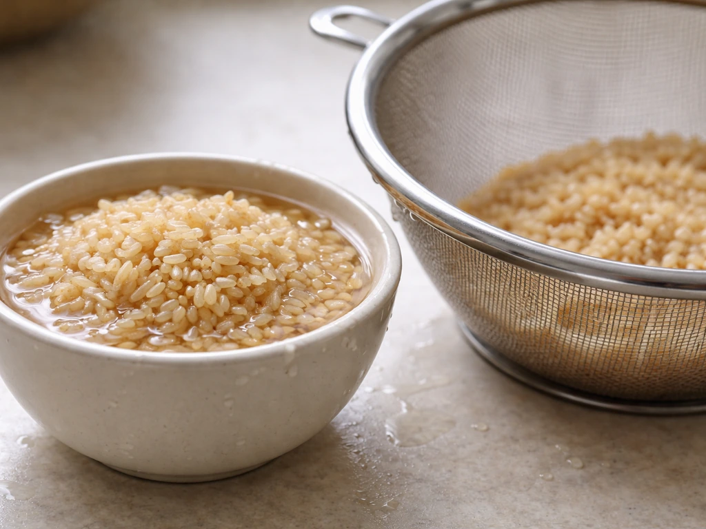Close-up of soaked brown rice in a bowl beside a draining colander with visible moisture.