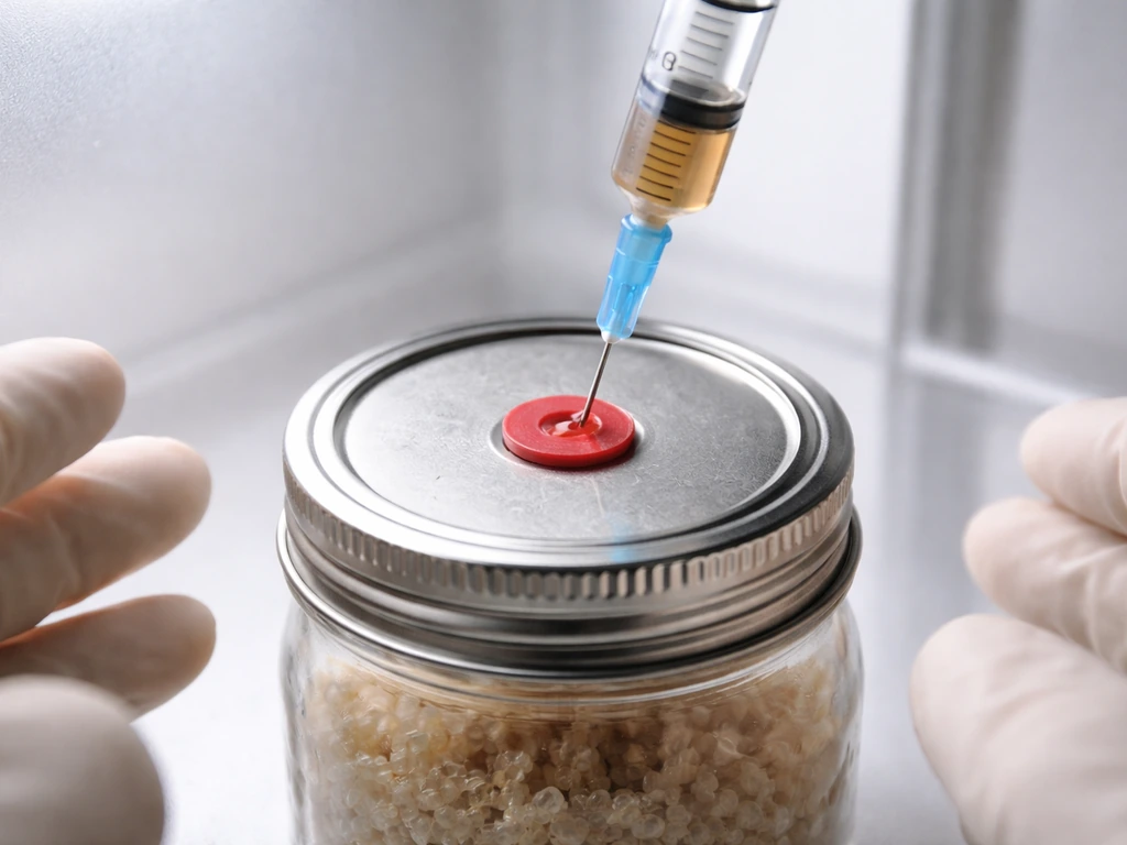 Sterile syringe injecting liquid culture into a self-healing port on a colonization jar inside a still-air box.