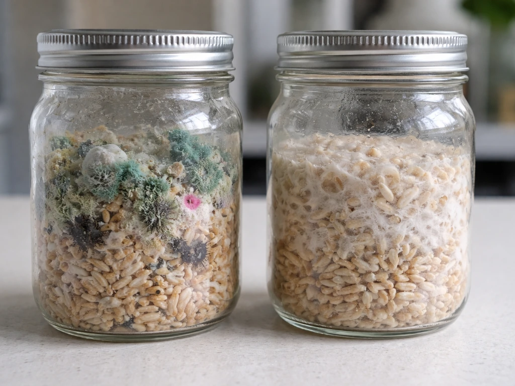 Two side-by-side lab jars: one clearly contaminated with green/black/pink mold, one clean and healthy.