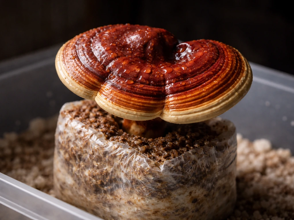 Fresh reishi (lingzhi) conk emerging from a small home mushroom substrate block indoors