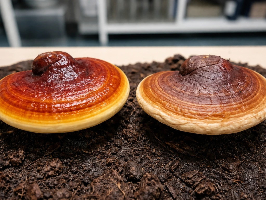 Side-by-side close-up of glossy Ganoderma lucidum versus a duller lookalike mushroom on dark substrate.