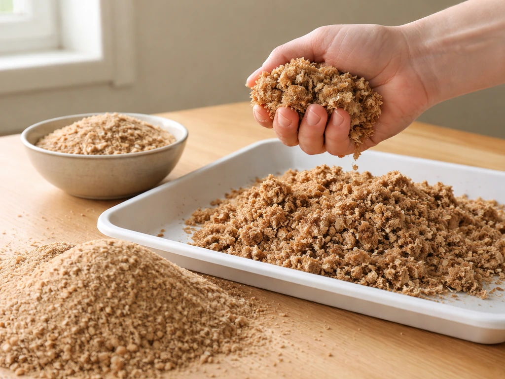 Hand squeezes damp oak sawdust over a tray beside bran and other hardwood substrate components.
