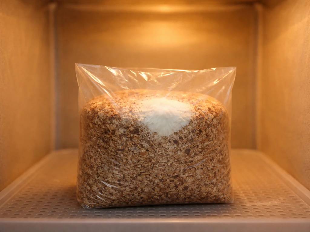 Reishi block in a warm incubation area with creamy white colonization beginning at one spot.