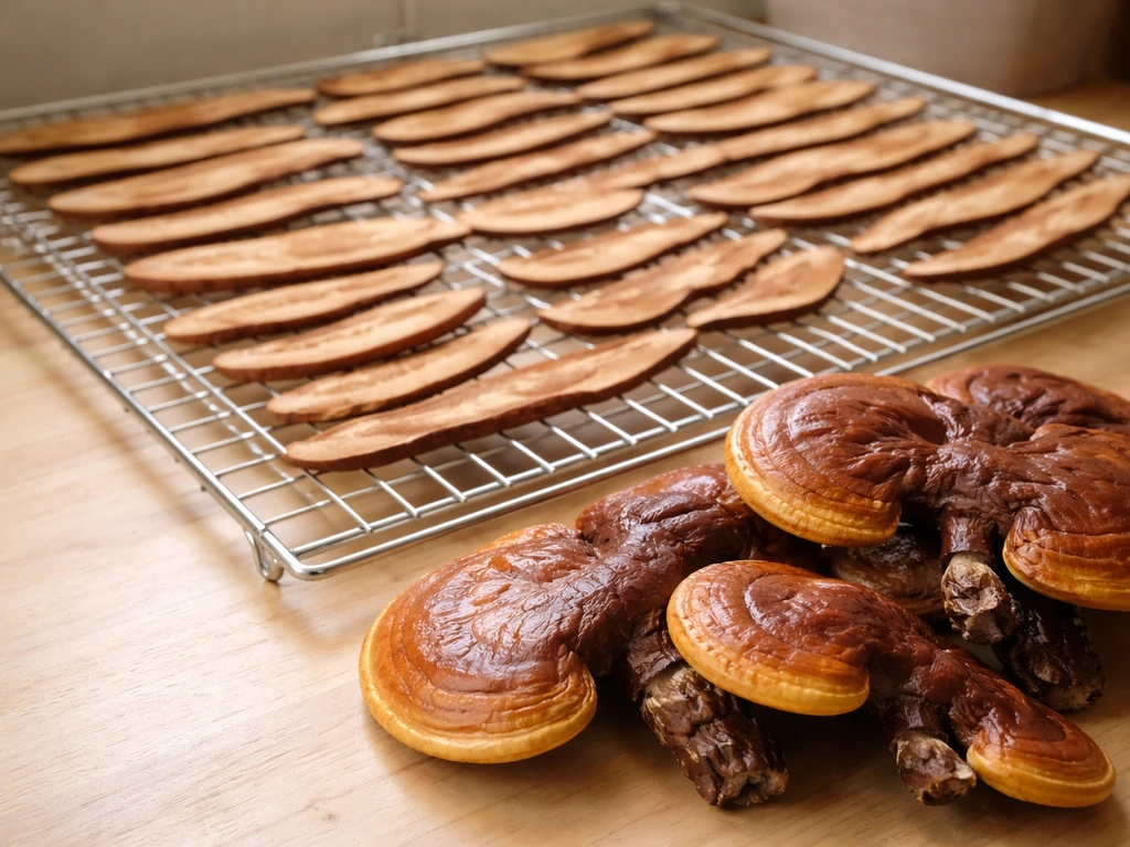 Fresh reishi conks and sliced slabs drying on a rack in a warm, clean kitchen-like setting.