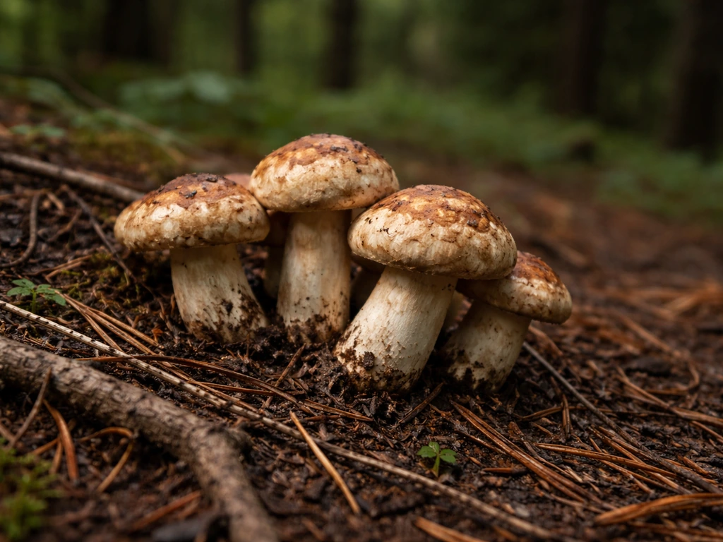 Fresh pine mushrooms sprouting from forest soil near pine roots, with soft natural light and shallow depth of field.