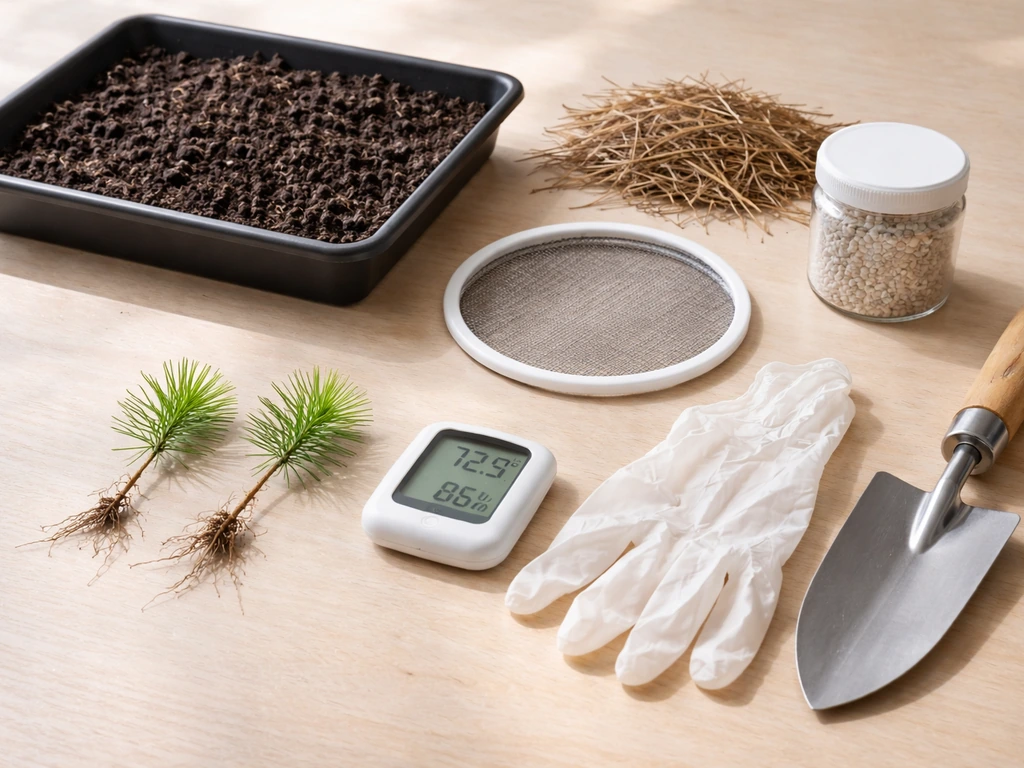 Minimal tabletop of soil, pine roots/seedlings, gloves, tools, mesh, inoculum container, and sensor device.