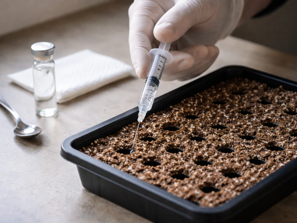 Close-up of a syringe dispensing inoculum into small inoculation holes in prepared substrate, tools nearby