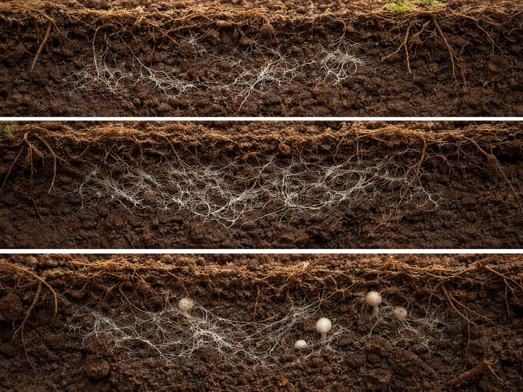 Minimal staged cross-sections showing underground mycelium growing dense and fruiting primordia appearing.