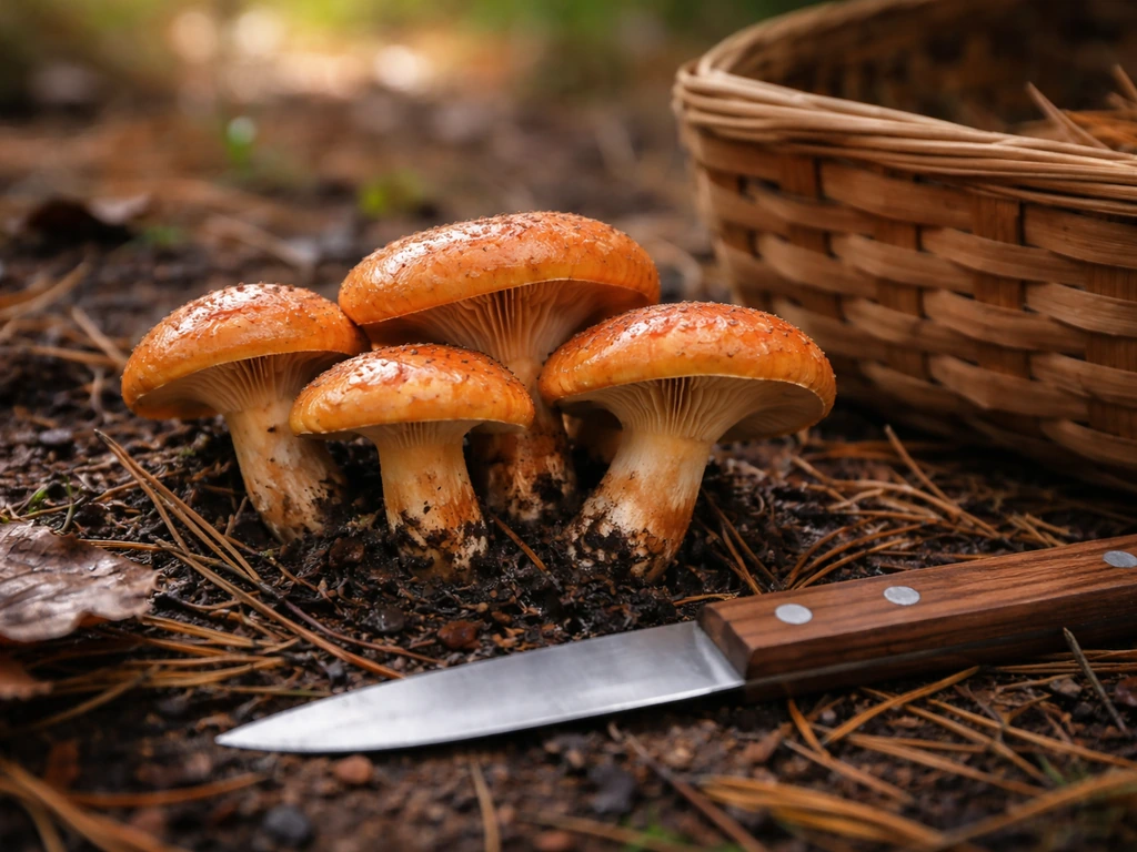Close-up of pine mushrooms at veil-break with a knife and a basket on forest floor for storage.