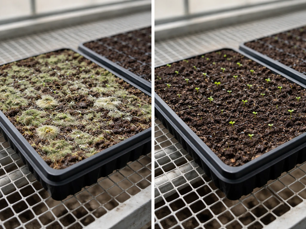 Side-by-side seedling trays: left green Trichoderma mold, right clean healthy nursery medium