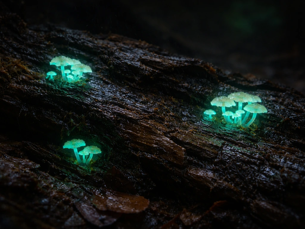 Close-up of blue-green glowing bioluminescent fungi on decaying hardwood in a dark, moist forest.