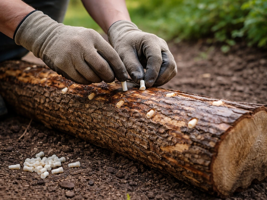 Gloved hands inserting inoculation plugs into drilled hardwood log in a shaded garden.