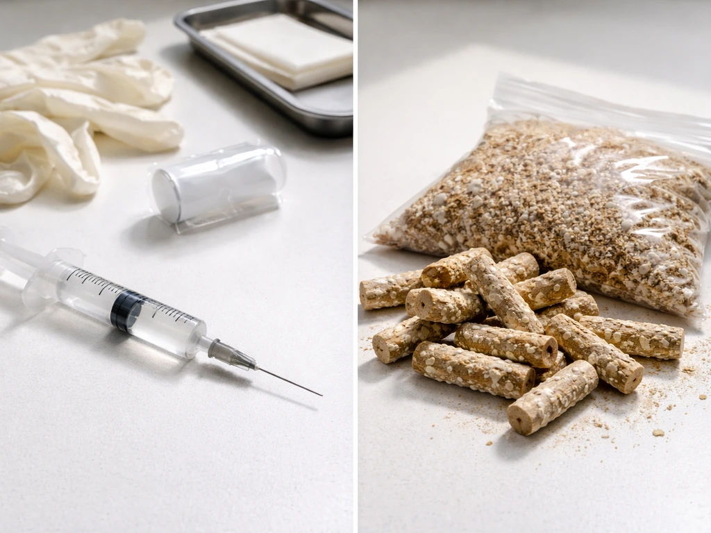 Closeup of mushroom spawn materials: sterile spore syringe and inoculated wood plugs in a simple tray