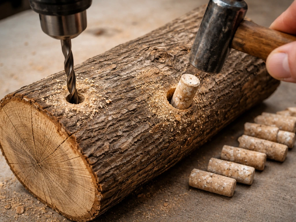 Close-up of drilling holes in a log and tapping wooden plug spawn into the holes with a hammer
