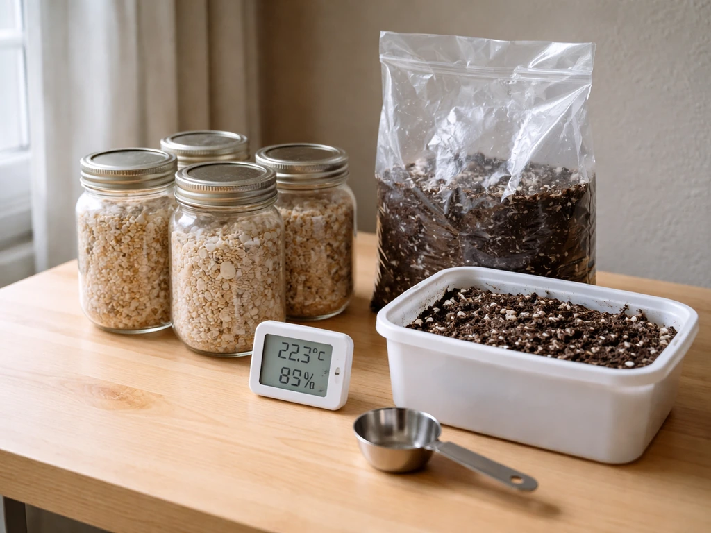 Ingredients and tools laid out for growing Agaricus bisporus, including grain spawn and compost supplies.