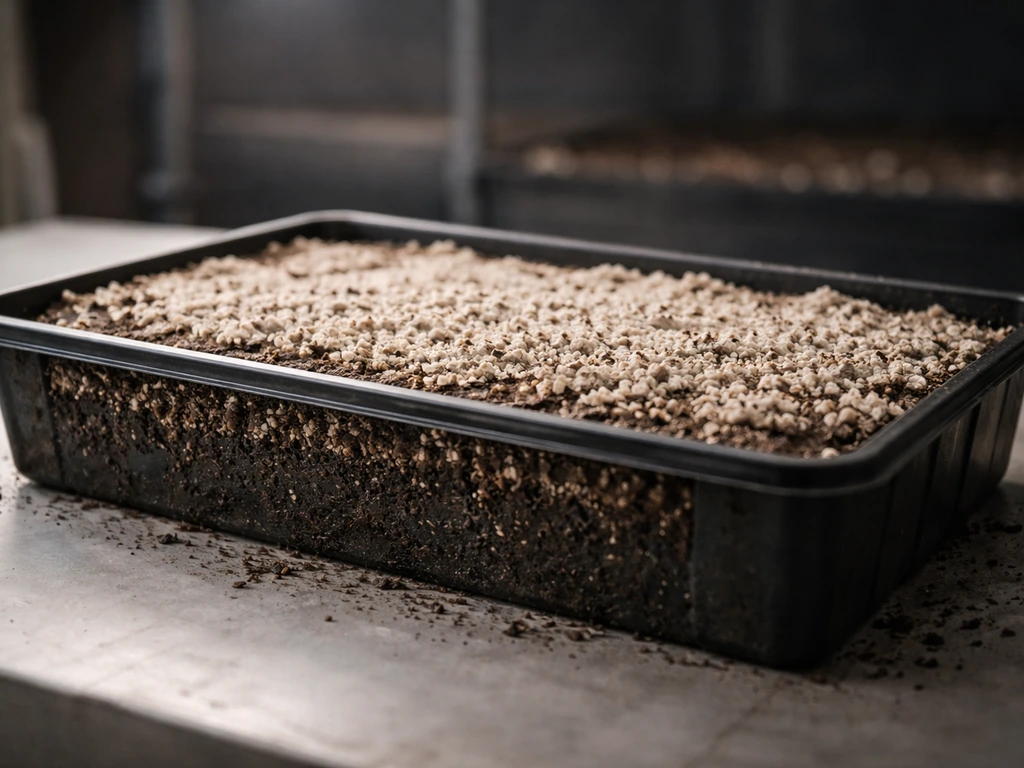 Side view of a mushroom growing tray showing compost with casing mix spread on top.