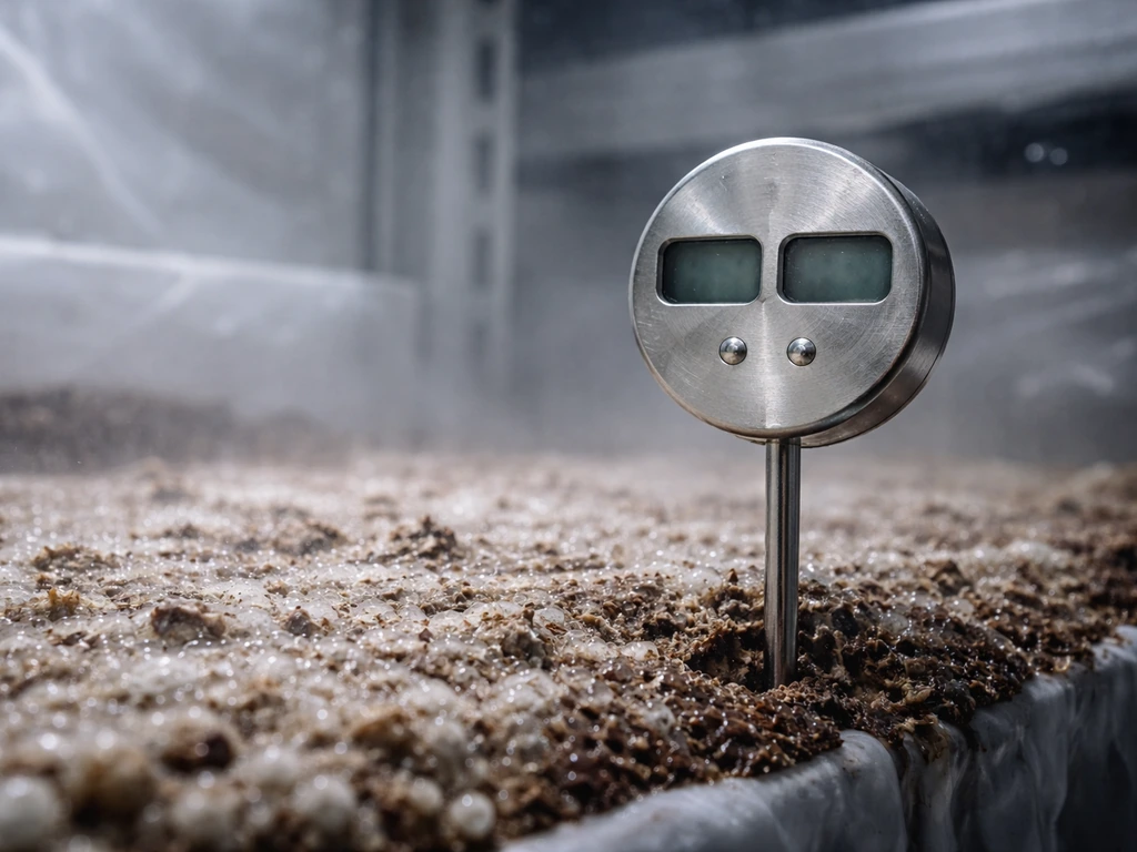 Close-up of a grow room hygrometer/thermometer near a mushroom casing with visible condensation.
