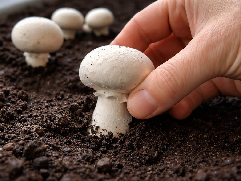 Hand twists and pulls a mature button mushroom from moist casing soil as the veil begins to break