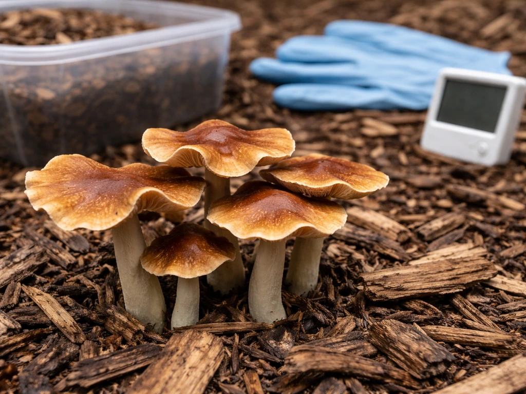 Close-up of wavy cap mushroom caps with undulating margins on wood chips, with nearby clean gardening supplies.