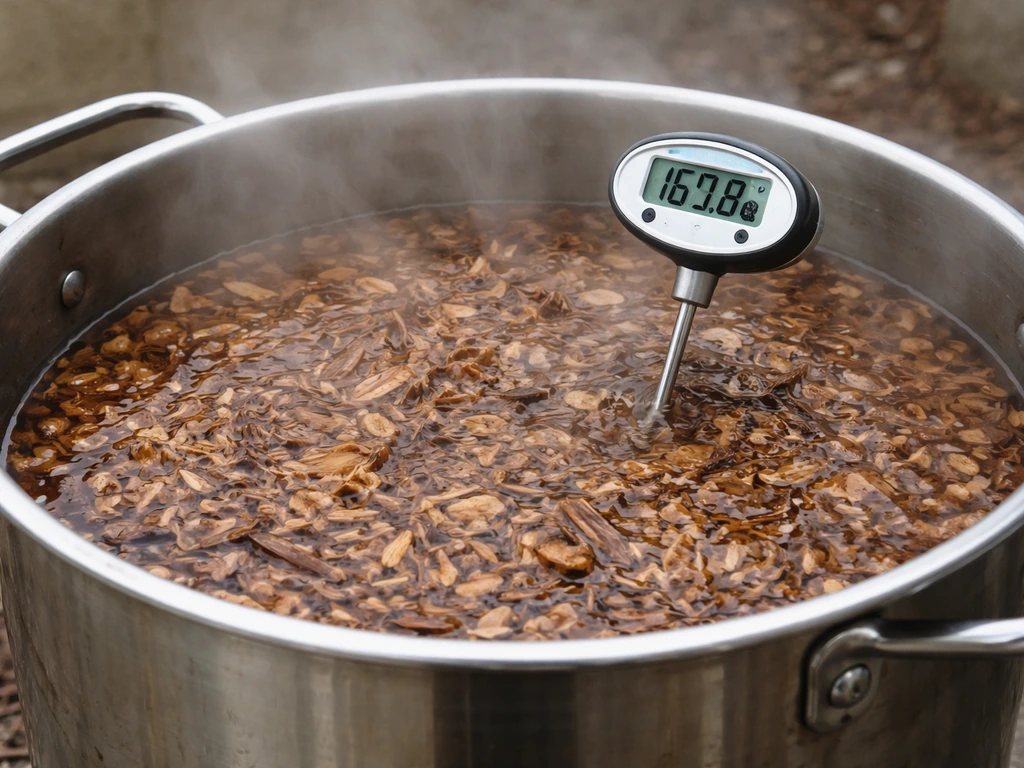 Large pot of wood chips submerged in hot water with a thermometer showing pasteurizing temperature.