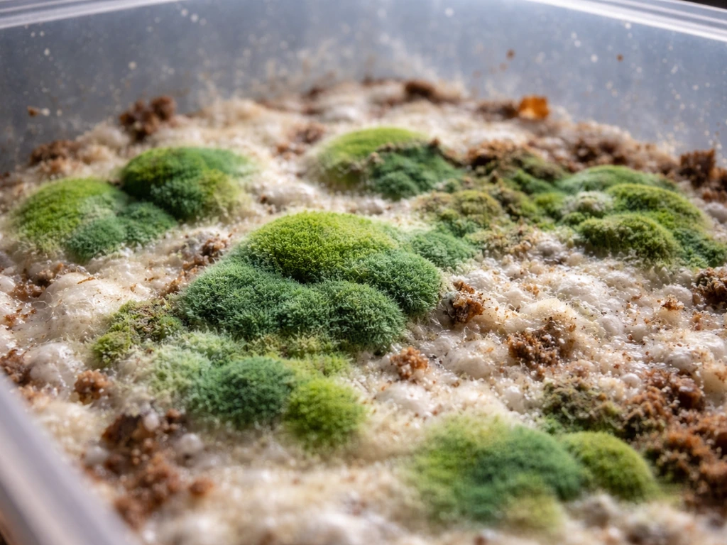 Macro close-up of grow substrate with distinct green mold patches indicating contamination