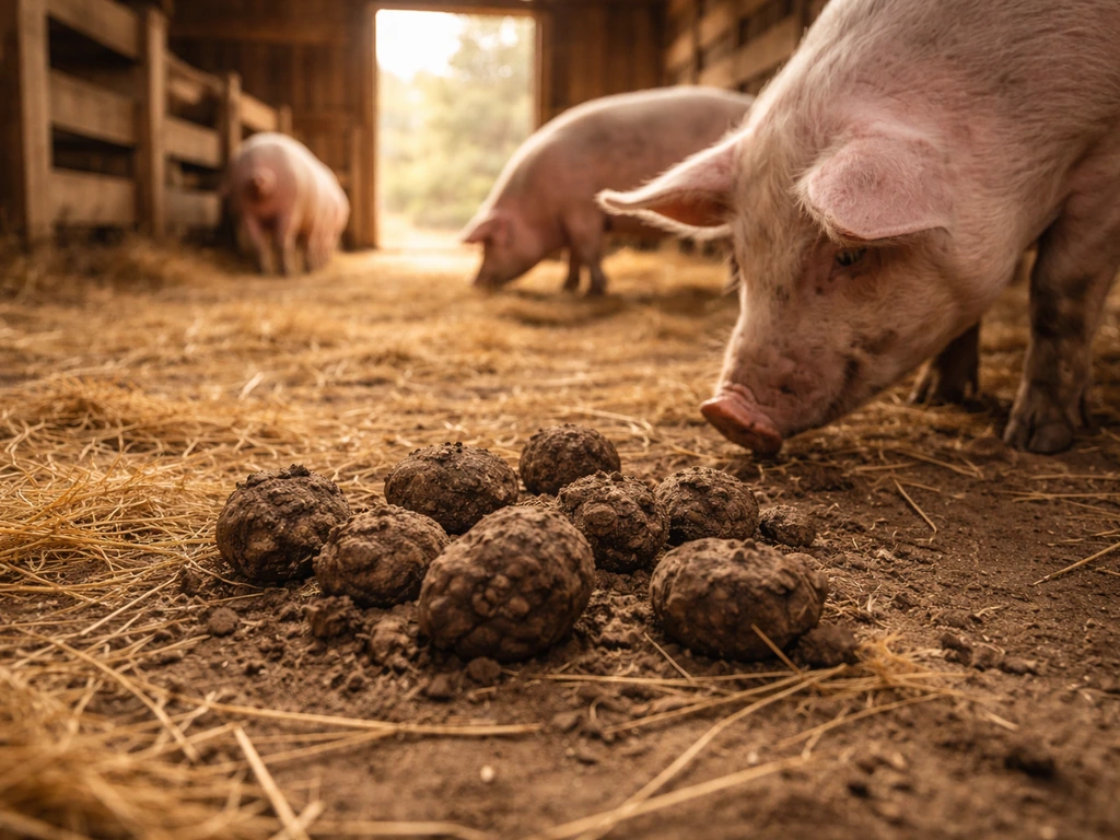 Golden truffle harvest in a Stardew Valley barn pen with pigs near the ground, truffles ready to collect.