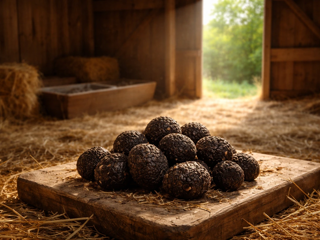 Close-up of a truffle beside an open pig barn door, signaling truffles as an animal product.
