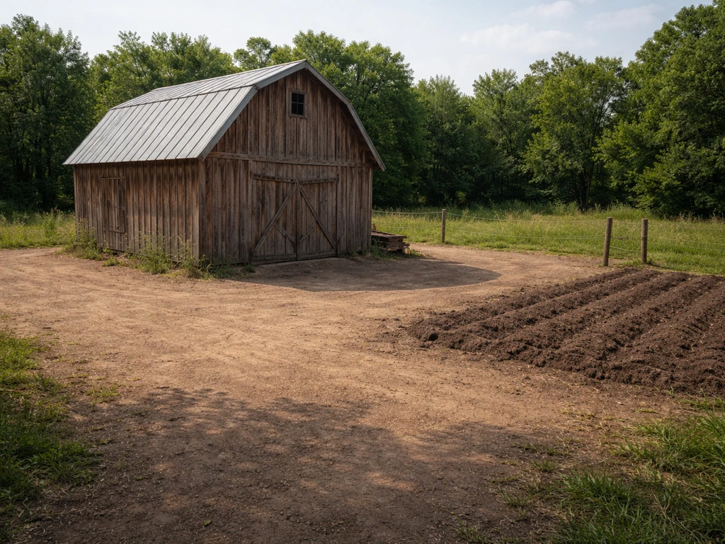 A wooden barn in a clear farm yard with tilled soil and open empty space for pig pen layout